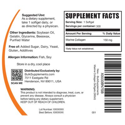 BulkSupplements.com Marine Collagen Softgels - Collagen Supplement, Fish Collagen Pills, Marine Collagen Peptides Pills - Gluten Free, 1 Softgel per Serving (150mg), 300 Softgels