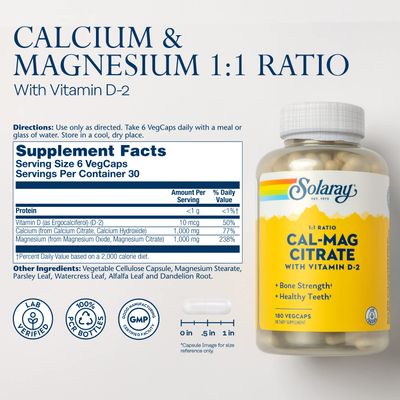 SOLARAY Calcium Magnesium Citrate 1:1 Ratio w/Vitamin D 2 - Calcium Supplements for Women and Men - Calcium 1000mg, Magnesium 1000mg - Bone Health Support - 60-Day Guarantee, 30 Servings, 180 VegCaps