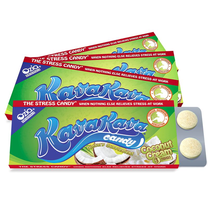 Ozia Originals Kava Kava Candy - 8 Kava Candies Per Pack, Kava Extract Stress Relief Supplement, Natural Kava Root Chill Happy Pill, Encourages Positive Mood - Coconut Cream Flavor, 4 Packs