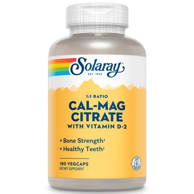 SOLARAY Calcium Magnesium Citrate 1:1 Ratio w/Vitamin D 2 - Calcium Supplements for Women and Men - Calcium 1000mg, Magnesium 1000mg - Bone Health Support - 60-Day Guarantee, 30 Servings, 180 VegCaps