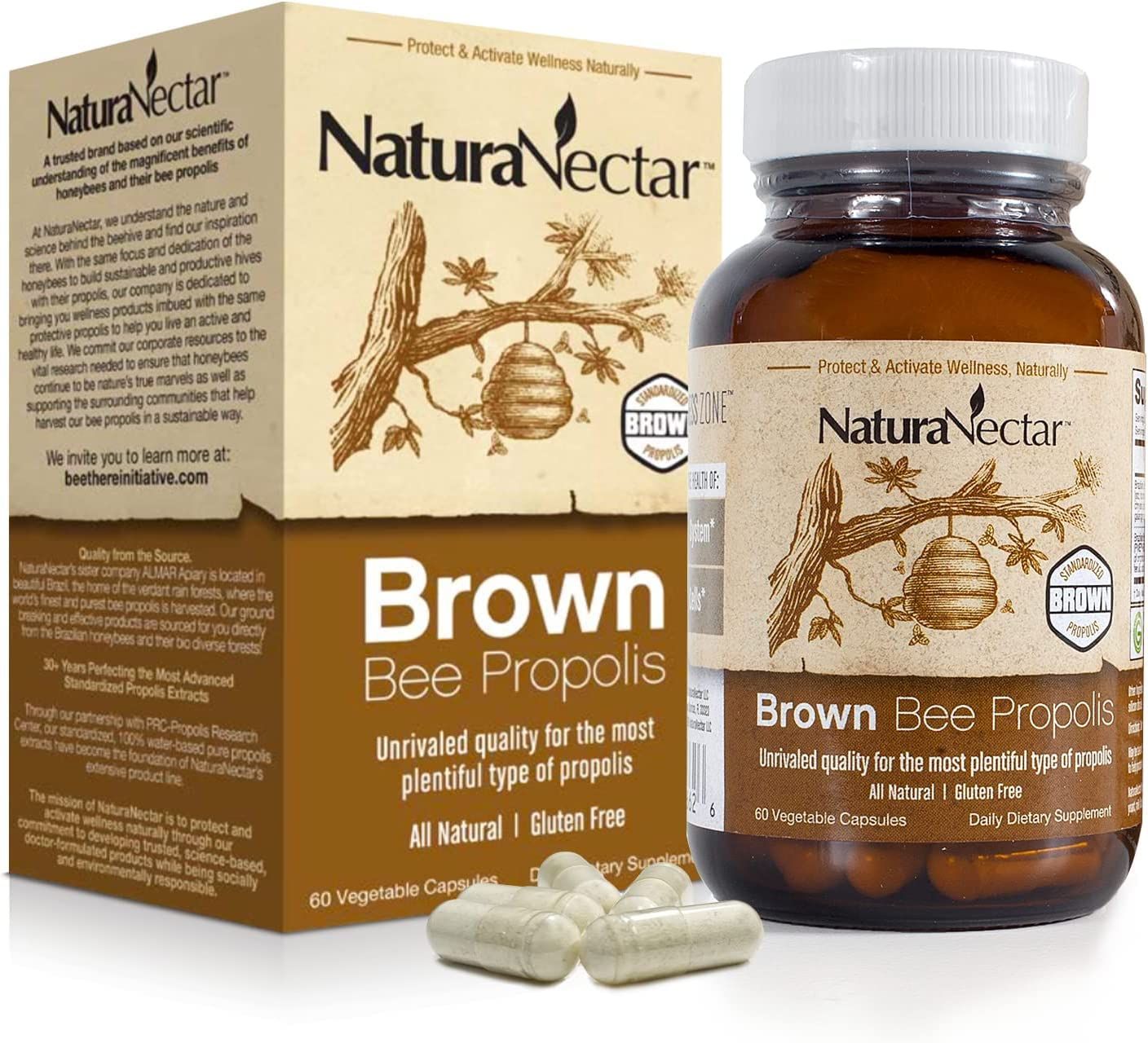 NaturaNectar Brown Bee Propolis | NSF Contents Certified | Premium Brazilian Propolis | Ethical Beekeeping &amp; Naturally Sourced | 60 Capsules