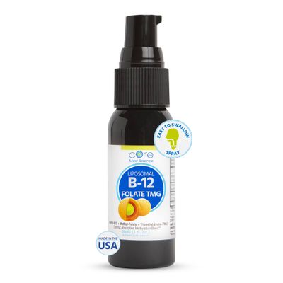 Core Med Science Liposomal B12 Folate TMG Liquid Spray Supplement for Women &amp; Men - Supports Mood, Cognitive, &amp; Heart Health - Vitamin B9 &amp; Betaine for Homocysteine Levels &amp; Methylation Cycle, 1 Fl Oz