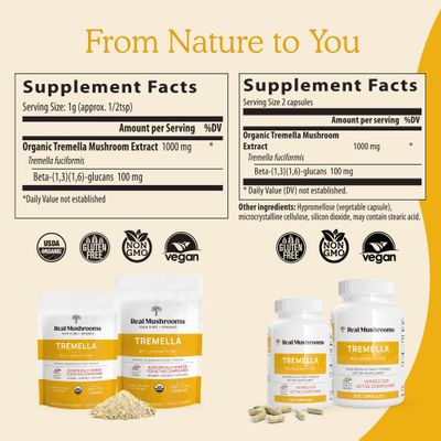 Real Mushrooms Tremella Mushroom Extract Powder (150 Servings) Mushroom Blend for Immune Support, Brain, and Skin - Vegan, Non-GMO, Organic Mushroom Supplements for Humans - Immune Support Supplement