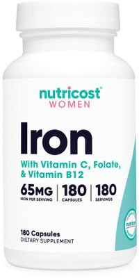 Nutricost Iron for Women 65mg, 180 Capsules, with Vitamin C, Folate, &amp; Vitamin B12 - Vegetarian Friendly, Non-GMO, Gluten Free