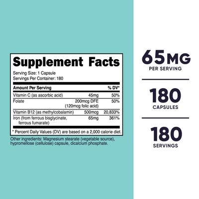 Nutricost Iron for Women 65mg, 180 Capsules, with Vitamin C, Folate, &amp; Vitamin B12 - Vegetarian Friendly, Non-GMO, Gluten Free
