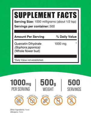 BulkSupplements.com Quercetin Dihydrate Powder - Quercetin Supplements, Quercetin 1000mg - Antioxidants Source, Vegan &amp; Gluten Free, 1000mg per Serving, 500g (1.1 lbs) (Pack of 1)