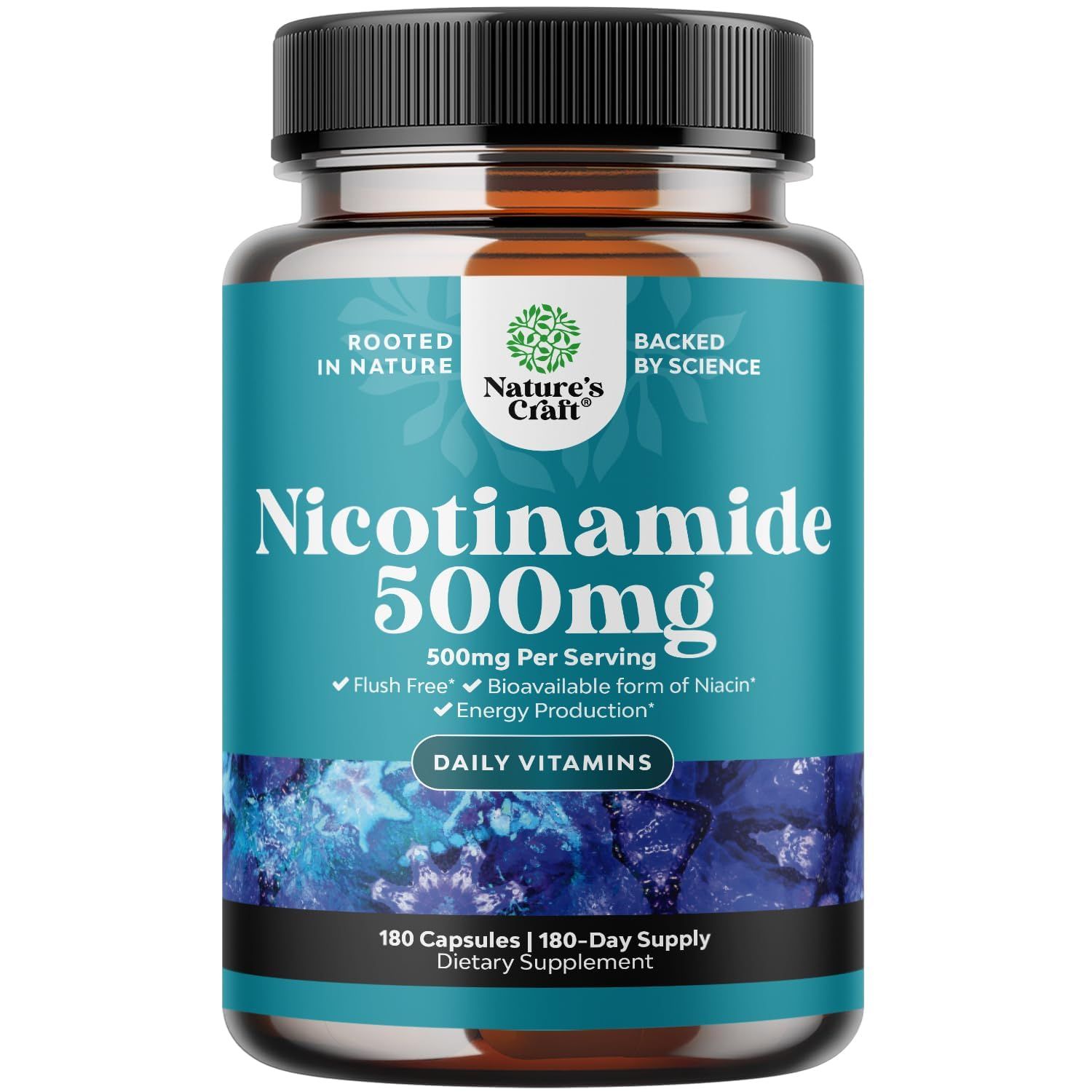 Vitamin B3 Niacinamide 500mg Capsules - Mitochondrial Energy and Potent Skin Supplement - AKA Vitamin B3 Niacin 500mg Flush Free and Nicotinamide 500mg - Flush Free Niacin Supplement - 180 Count