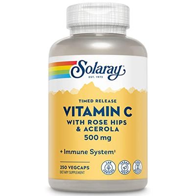 SOLARAY Vitamin C w/Rose Hips &amp; Acerola | 500mg | Two-Stage, Timed-Release Healthy Immune Function, Skin, Hair &amp; Nails Support | Non-GMO | 250 CT