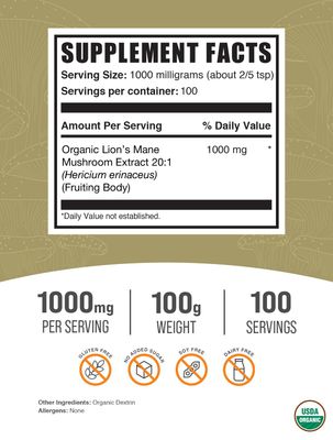 BulkSupplements.com Organic Lion's Mane Mushroom Extract Powder - Lions Mane Supplement Powder, Lion's Mane Extract - Mushroom Supplement, 1000mg per Serving, 100g (3.5 oz) (Pack of 1)