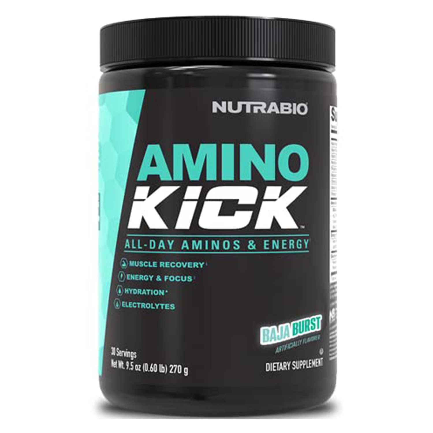 NutraBio Amino Kick - Amino Acid Energy Formula - BCAA&#39;s, Electrolytes for Hydration, Natural Caffeine- 30 Servings (Baja Burst)