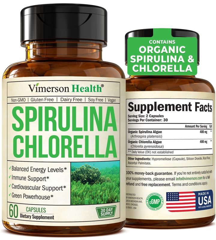 Organic Spirulina and Chlorella Capsules | Spirulina Capsules with Chlorella Powder for Immune, Antioxidant &amp; Energy Support. Nutritious Super Greens. Vegan. Non-GMO. 60 Spirulina Chlorella Capsules