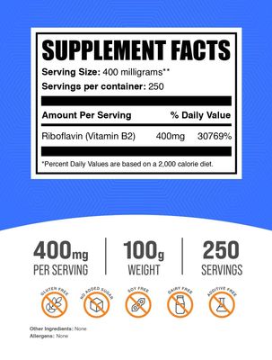 BulkSupplements.com Riboflavin Powder - as Vitamin B2, Vitamin B2 Supplement - Riboflavin 400mg, B Vitamins for Wellness, Gluten Free, 400mg per Serving, 100g (3.5 oz) (Pack of 1)