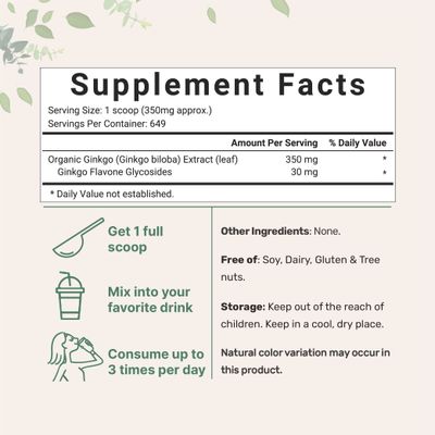 Micro Ingredients Raw Organic Ginkgo Biloba Powder, 8 Ounce (18 Months Supply), Filler Free, Supports Brain Function and Mental Alertness, No GMOs and Vegan Friendly