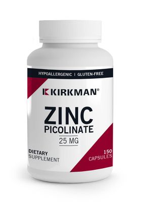 Kirkman - Zinc Picolinate 25 mg - Hypoallergenic - 150 Vegetarian Capsules - Gluten Free - Casein Free - Minerals