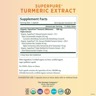 Pure Synergy SuperPure Turmeric Extract | Organic Turmeric Curcumin Supplement | 500 mg Turmeric Extract Capsules | Potent Support for Immune and Joint Health (60 Capsules)