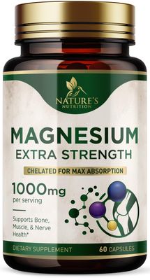 Magnesium Pills Extra Strength 1000mg - Chelated for Ultra Absorption, Magnesium Supplement for Bone, Muscle Health &amp; Heart Support, Nature&#39;s Citrate Oxide Magnesio Vitamins, Non-GMO - 60 Capsules