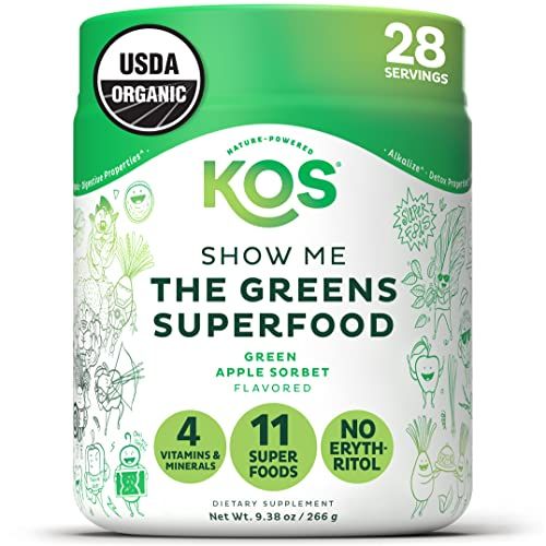 KOS Organic Super Greens Powder Erythritol Free - Plant Based Superfood Blend with Spirulina, Chlorella &amp; Wheatgrass - USDA Certified Organic, Green Juice Smoothie - Apple Flavor - 28 Servings