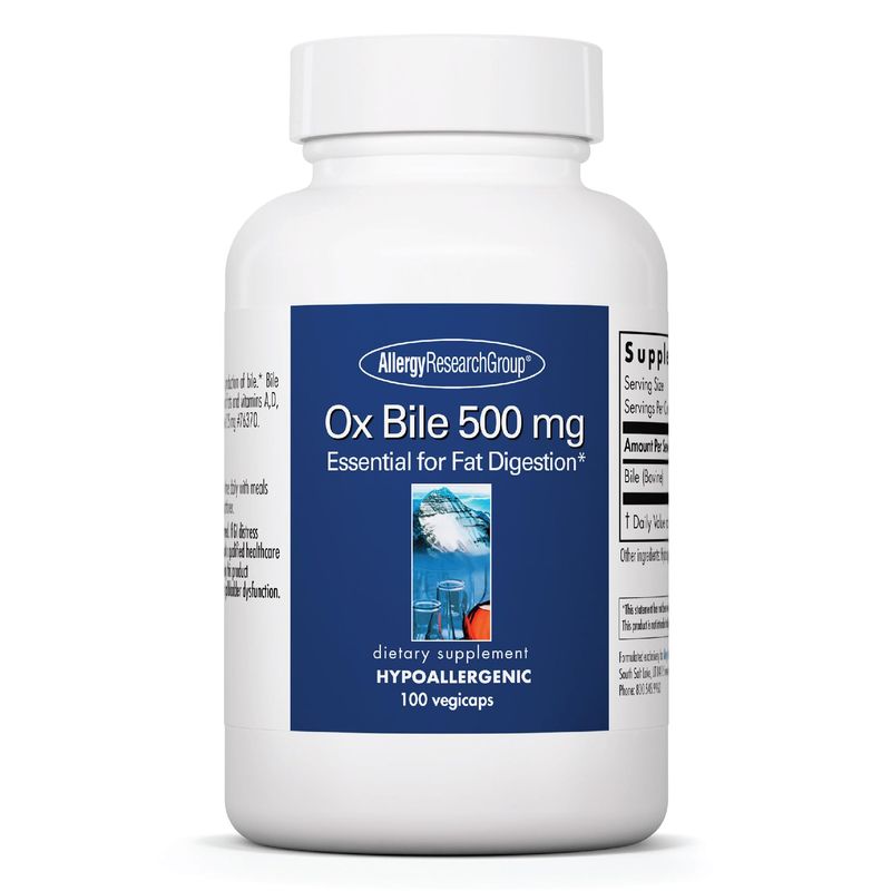 Allergy Research Group Ox Bile 500mg - Digestive Enzymes for Liver, Ox Bile Supplements with Digestive Enzymes, Gallbladder Supplements, Fat Digestion Support, Hypoallergenic - 100 Count
