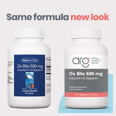 Allergy Research Group Ox Bile 500mg - Digestive Enzymes for Liver, Ox Bile Supplements with Digestive Enzymes, Gallbladder Supplements, Fat Digestion Support, Hypoallergenic - 100 Count
