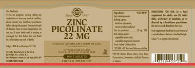 Solgar Zinc Picolinate 22 mg, 100 Tablets - Promotes Healthy Skin - Supports Immune System, Normal Taste & Vision - Antioxidant - Non GMO, Vegan, Gluten Free, Dairy Free, Kosher - 100 Servings