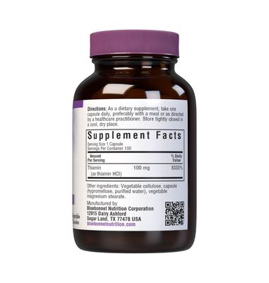 Bluebonnet Vitamin B-1 100 mg Vegetable Capsules, 100 Count