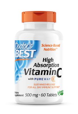 Doctor&#39;s Best 12-Hour Vitamin C 500mg with PureWay-C, Supports Immune System, Potent Antioxidant 60 Tablets