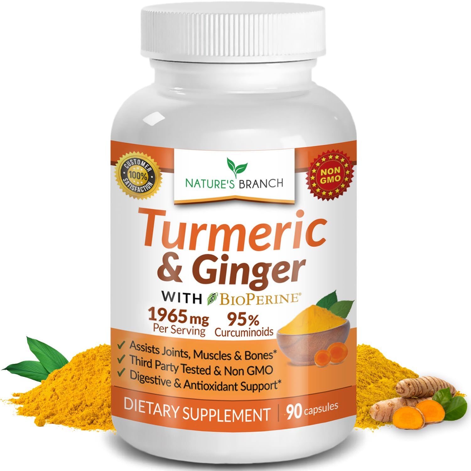 Turmeric and Ginger Supplement 1965mg with Organic Turmeric Powder &amp; BioPerine, Joint Support for Aches with Black Pepper Extract and Curcumin | Vegan Non GMO Pills | Extra Strength 90 Capsules