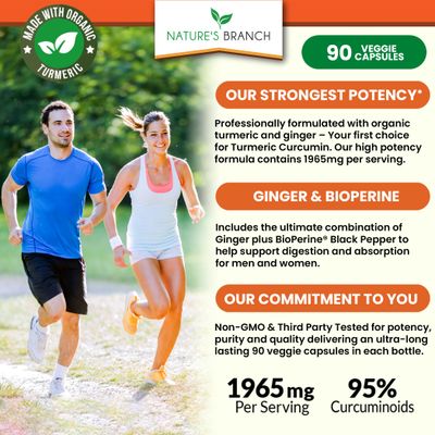 Turmeric and Ginger Supplement 1965mg with Organic Turmeric Powder & BioPerine, Joint Support for Aches with Black Pepper Extract and Curcumin | Vegan Non GMO Pills | Extra Strength 90 Capsules