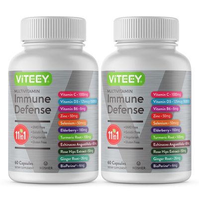 11 in 1 Multivitamin Immune Defense Supplement - Immune Booster Capsules with Vitamin D3, Vitamin B6, Echinacea, Turmeric, Rose-HIPS, Selenium, BioPerine, Ginger, Elderberry Vitamin C and Zinc