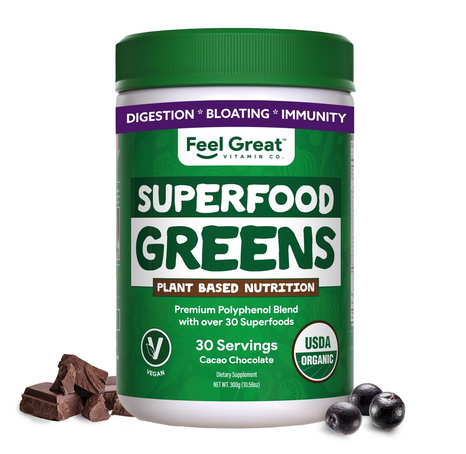 Organic Superfood Greens Powder - Cocoa Chocolate | Super Greens Fruit &amp; Vegetable Supplement | Over 20 Greens, Fruits &amp; Veggies, Fiber, Probiotics &amp; Digestive Enzymes | 30 Servings