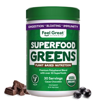 Organic Superfood Greens Powder - Cocoa Chocolate | Super Greens Fruit &amp; Vegetable Supplement | Over 20 Greens, Fruits &amp; Veggies, Fiber, Probiotics &amp; Digestive Enzymes | 30 Servings