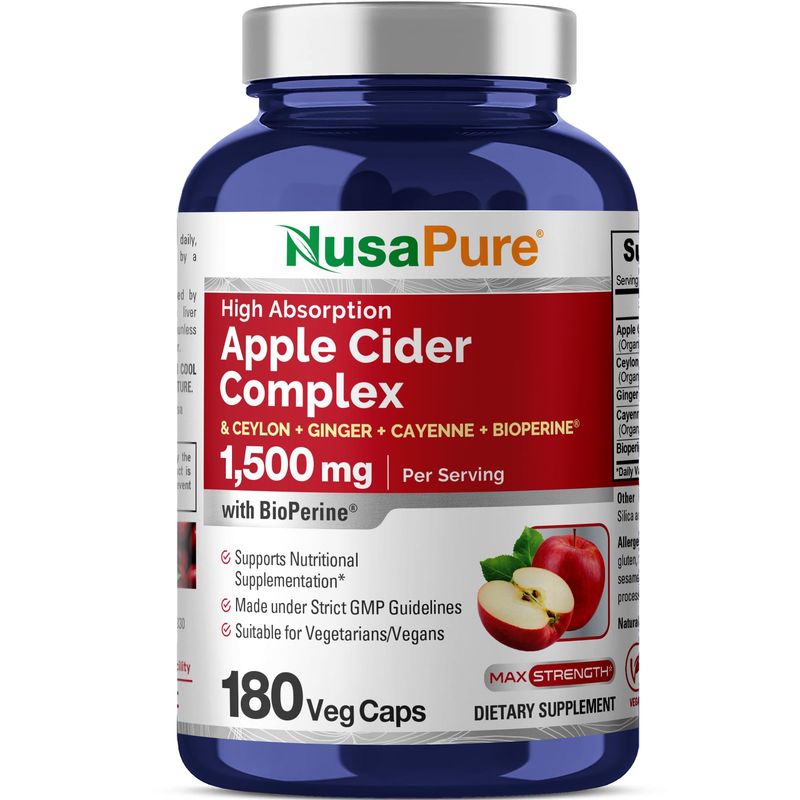 NusaPure Apple Cider Vinegar Complex - 180 Veggie Caps - Organic ACV, Ceylon Cinnamon, Organic Ginger, Bioperine &amp; Organic Cayenne Pepper