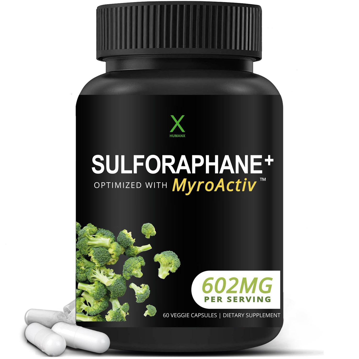 HUMANX Sulforaphane+ 602mg - USA Third Party Tested - Sulforaphane with Broccoli Seed Extract &amp; Moringa - Supports Antioxidant Production, Detoxification, &amp; Cellular Health - Broccoli Supplement