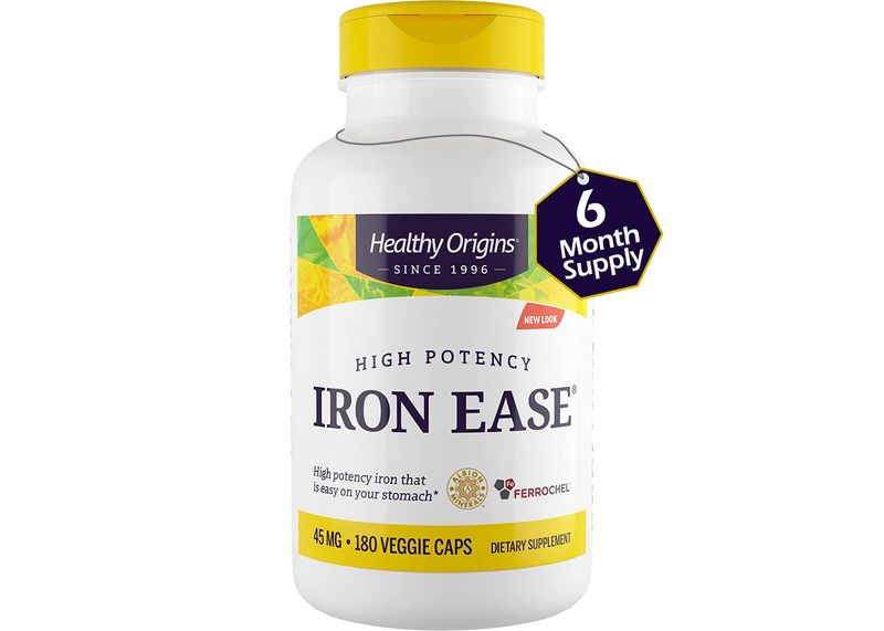 Healthy Origins Iron Ease (Featuring Ferrochel), 45 mg - Easily Digestible Iron Supplements for Men &amp; Women - Vegan, Non-GMO &amp; Gluten-Free Supplement - 180 Veggie Capsules