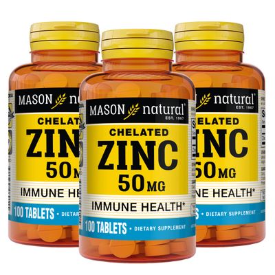 Mason Natural Zinc 50 mg - Improved Immune System Function, Supports Antioxidant Health, Aids Absorption of B Vitamins, 100 Tablets (Pack of 3)
