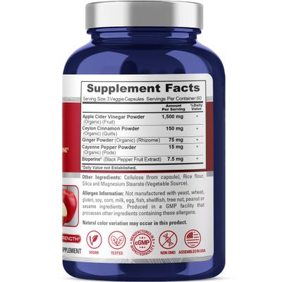 NusaPure Apple Cider Vinegar Complex - 180 Veggie Caps - Organic ACV, Ceylon Cinnamon, Organic Ginger, Bioperine &amp; Organic Cayenne Pepper