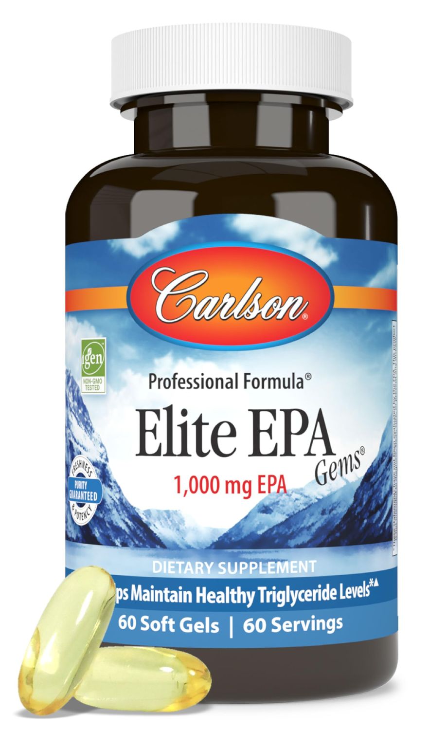 Carlson - Elite EPA Gems, 1000 mg EPA Fish Oil, Wild-Caught, Norwegian Fish Oil Supplement, Sustainably Sourced, Helps Maintain Healthy Triglyceride Levels, 60 Softgels