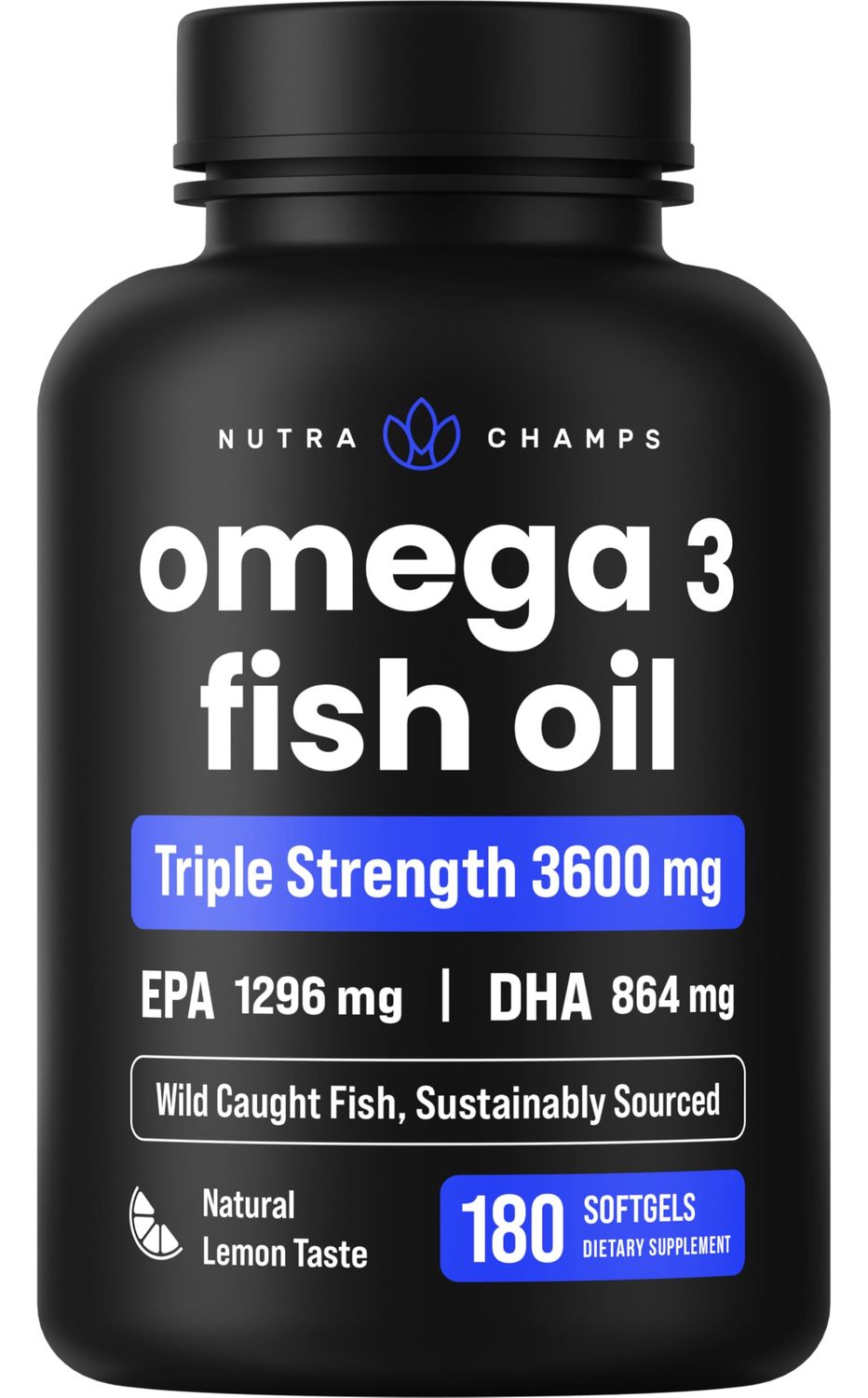 Omega 3 Fish Oil Supplements 3600mg with EPA &amp; DHA | High Potency Omega 3 Supplement to Support Heart, Brain, Joints, Skin, Eyes &amp; Immune Health | 180 Natural Lemon Burpless Fish Oil Capsules