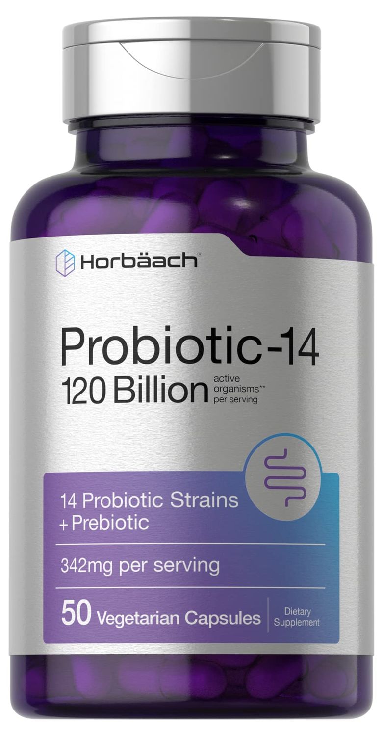 Horbach Probiotics 120 Billion CFU | 14 Strains with Prebiotics | for Women &amp; Men | 50 Capsules | Vegetarian, Non-GMO &amp; Gluten Free Supplement