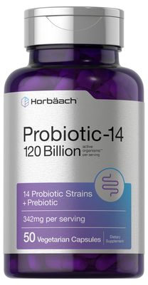 Horbach Probiotics 120 Billion CFU | 14 Strains with Prebiotics | for Women &amp; Men | 50 Capsules | Vegetarian, Non-GMO &amp; Gluten Free Supplement