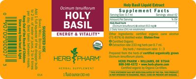 Herb Pharm Certified Organic Holy Basil (Tulsi) Extract for Energy and Vitality, 1 Ounce (DBAS01)