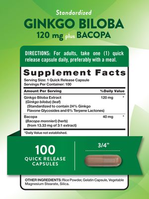 Nature's Truth Ginkgo Biloba 120mg | Plus Bacopa | 100 Quick Release Capsules | Standardized Extract | Non-GMO and Gluten Free Supplement