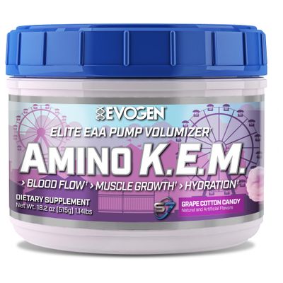 Evogen Amino KEM - Elite EAA Pump Volumizer | Supports Blood Flow, Muscle Growth, Hydration | Full Spectrum EAAs &amp; BCAAs, S7 Nitric Oxide Blend | Grape Cotton Candy | 30 Servings