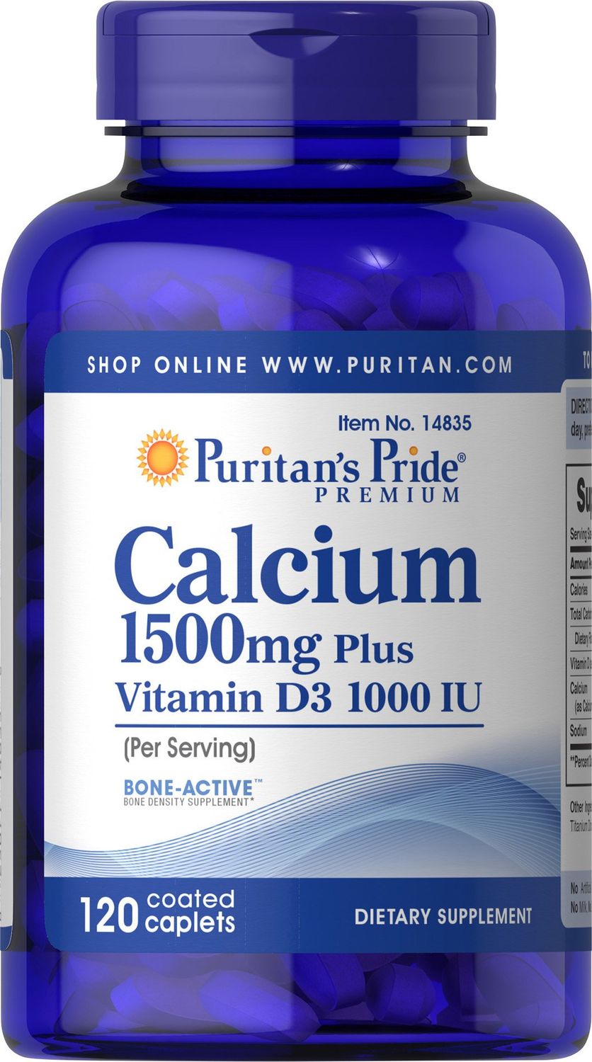 Puritan&#39;s Pride Calcium 1500 mg with Vitamin D 1000 IU-120 Coated Caplets, 120 Count (Pack of 1) (14835)