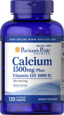 Puritan&#39;s Pride Calcium 1500 mg with Vitamin D 1000 IU-120 Coated Caplets, 120 Count (Pack of 1) (14835)