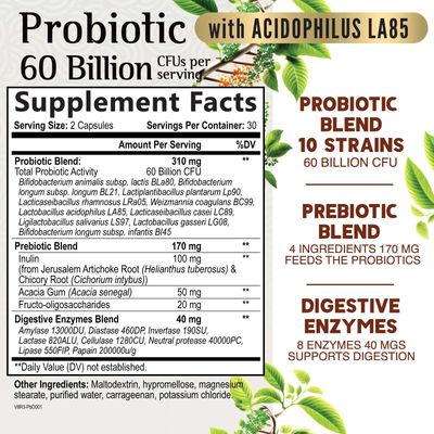 Probiotics 60 Billion CFU - 10 Probiotic Strains, Prebiotics, & Digestive Enzymes - Immune, Digestive & Gut Health - Supports Bowel Frequency & Regularity - Shelf Stable for Women & Men - 120ct