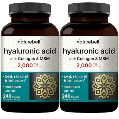 NatureBell 2 Pack Hyaluronic Acid Supplements 2,000 mg | 480 Total Capsules, with MSM &amp; Hydrolyzed Bovine Collagen - 3 in 1 Support for Skin Hydration, Joint Lubrication, Hair, and Eye Health