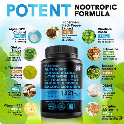 11-in-1 Nootropic Brain Supplements: Memory & Focus Supplement with Ginkgo Biloba, L Theanine, Bioperine, & Alpha GPC Choline - 1321mg, 60ct - Stimulant Free, Vegan - Focus Brain Support (1 pack)
