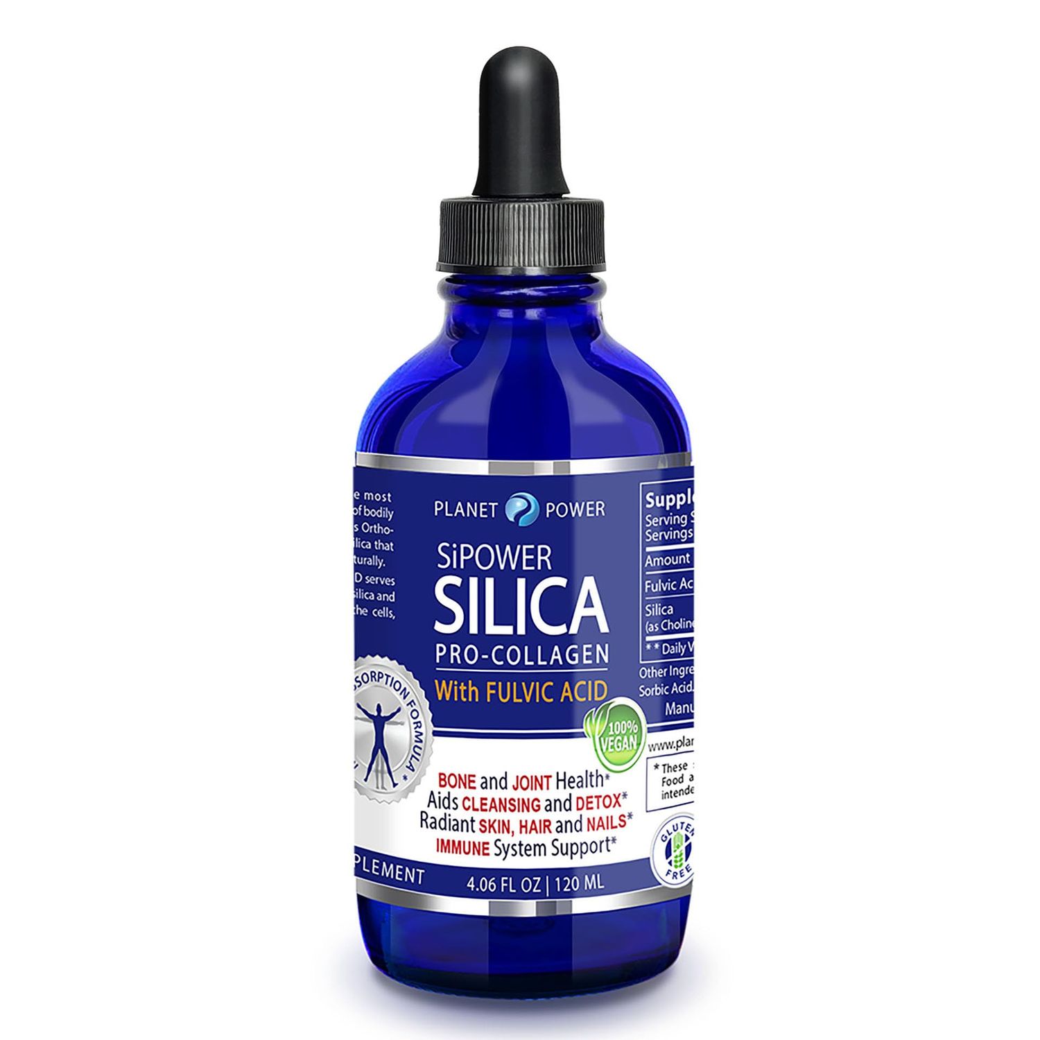Planet Power SiPower Silica Vegan Collagen + Fulvic Acid 4oz Glass Bottle, Immune System, Maximum Absorption - Concentrated Formula, Bones, Joints, Skin, Hair, Nails and Digestive System. 40 Days