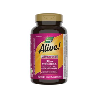 Natures Way Alive! Womens 50+ Ultra Potency Complete Multivitamin, High Potency Formula, Promotes Healthy Heart, Brain, Bones*, with Methylated B12, Gluten-Free, 150 Tablets (Packaging May Vary)